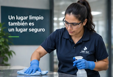 Profesional de aseo limpiando una superficie de trabajo
